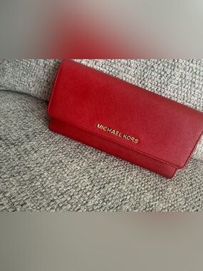 Michael Kors Red Saffiano Wallet with Gold Logo